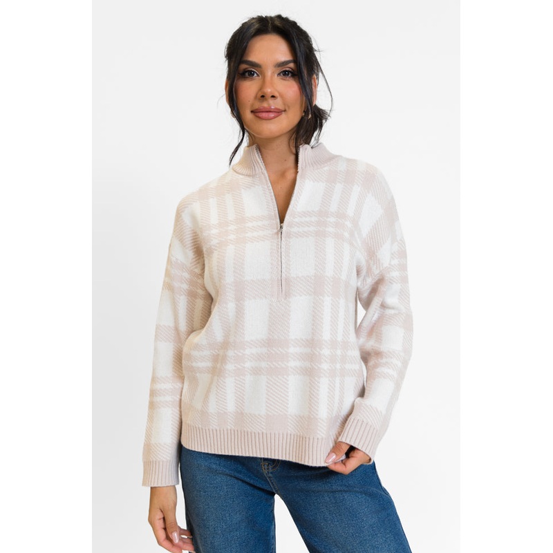 Make It Count Beige Plaid Printed Quarter Zip Pullover FINAL SALE
