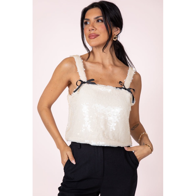 Make It Shine Ivory Bow Detail Sequin Tank FINAL SALE