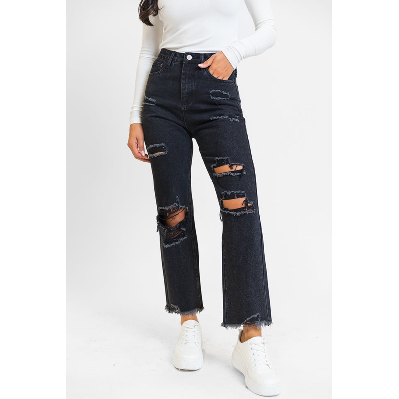 Megan Black Wash Distressed Straight Leg Mom Jeans FINAL SALE