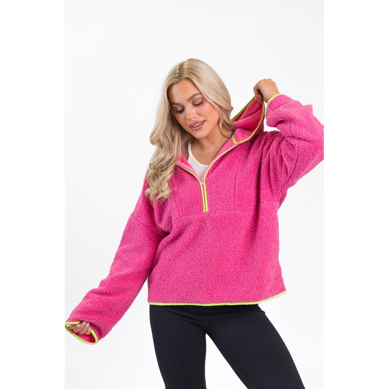 My Go To Pink and Green Sherpa Quarter Zip Hooded Pullover FINAL SALE