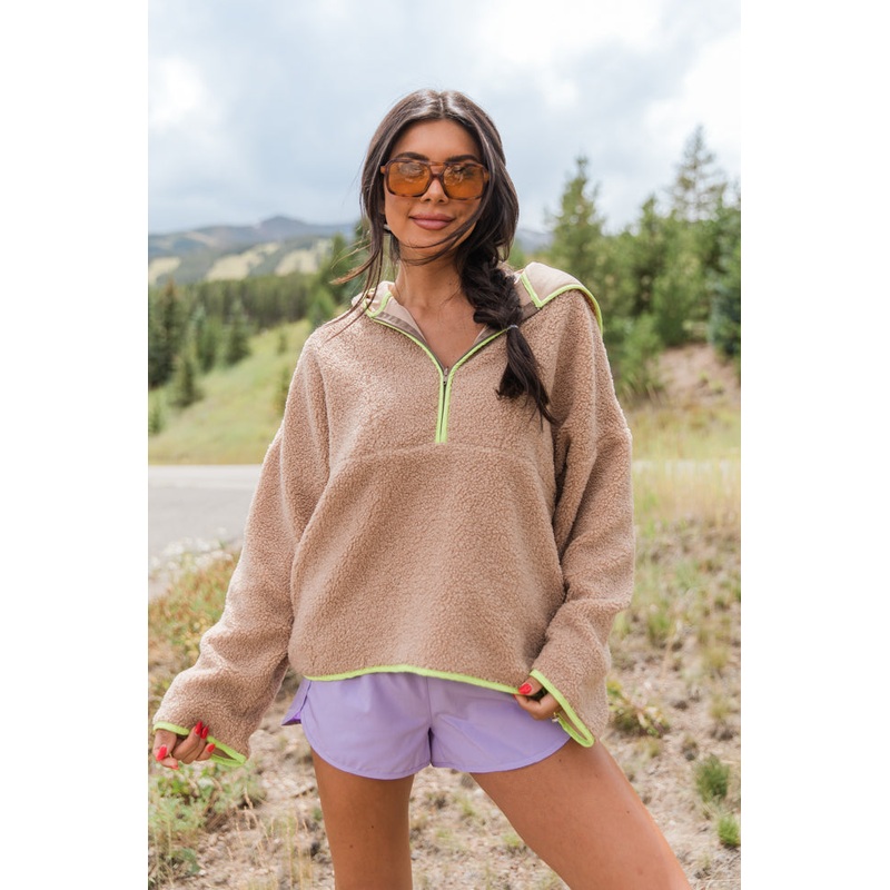 My Go To Taupe and Lime Sherpa Quarter Zip Hooded Pullover FINAL SALE