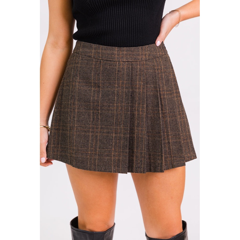 Perfect Example Mocha Pleated Plaid Skort FINAL SALE