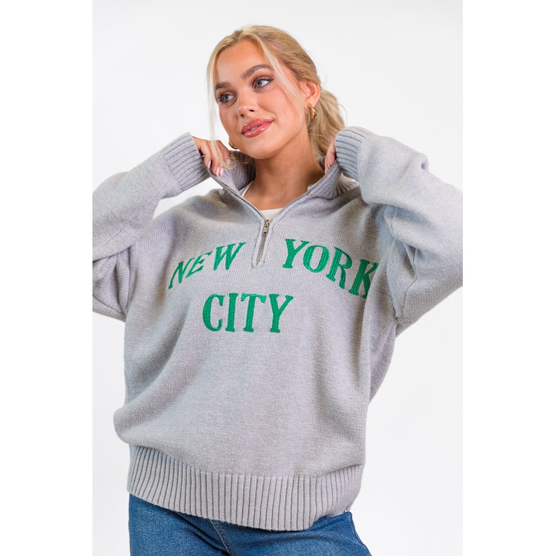 Roll With It Grey and Green New York Embroidered Quarter Zip Sweater