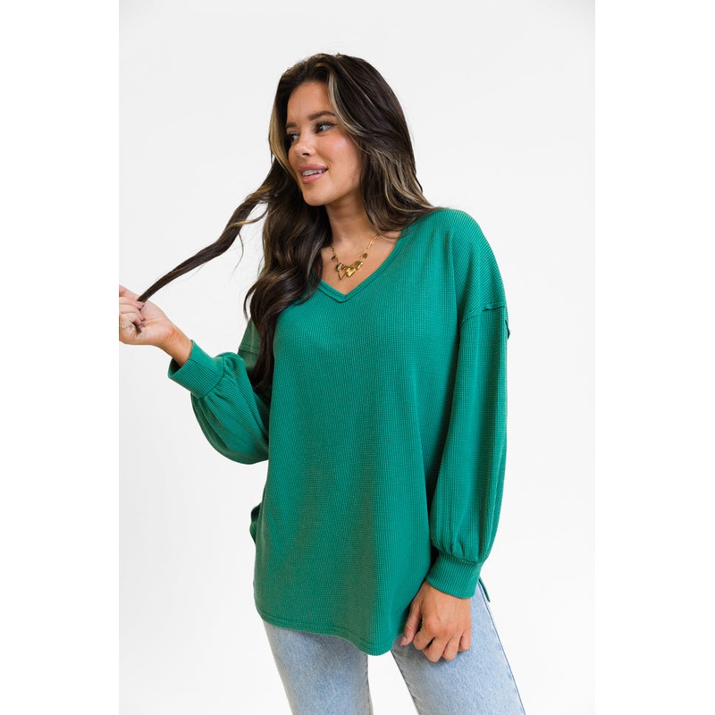 Sending Love Evergreen Oversized Waffle V-Neck Top FINAL SALE