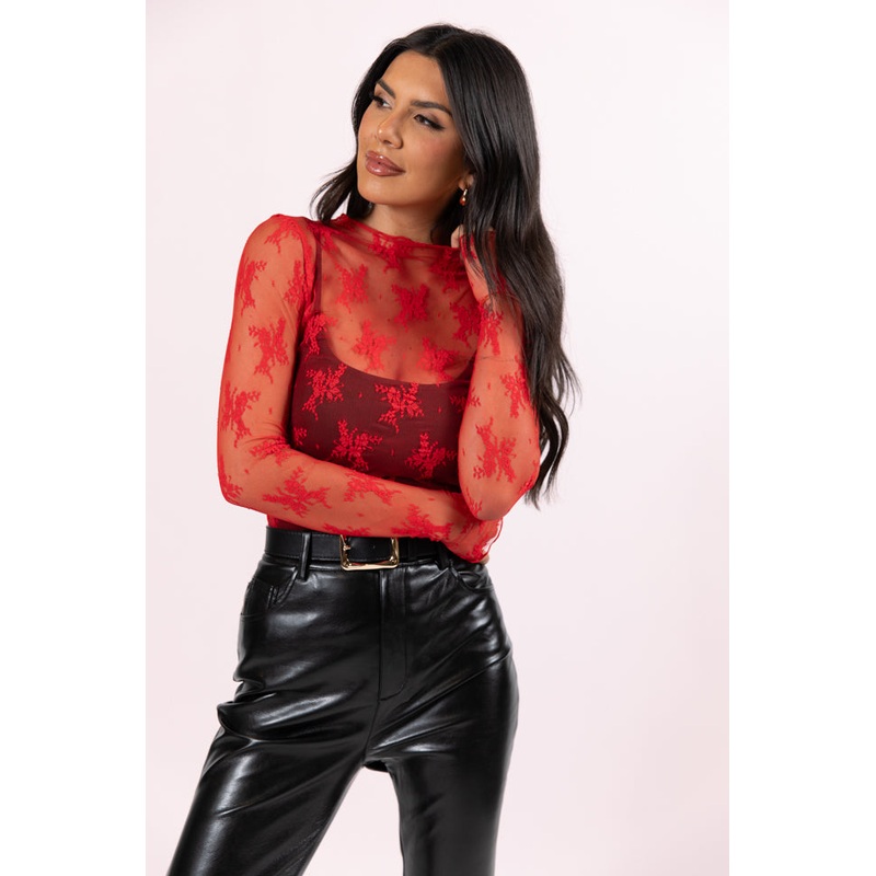 Speak Your Truth Red Mock Neck Lace Layering Blouse  FINAL SALE