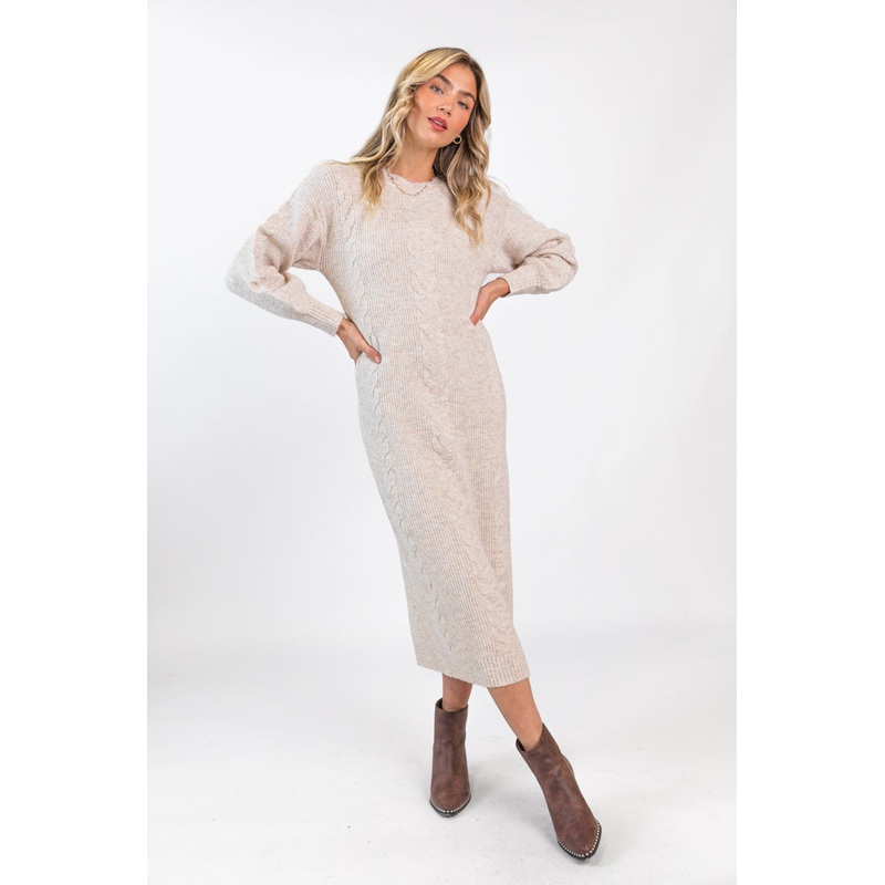 Stay On Your Mind Oatmeal Cable Knit Midi Dress FINAL SALE