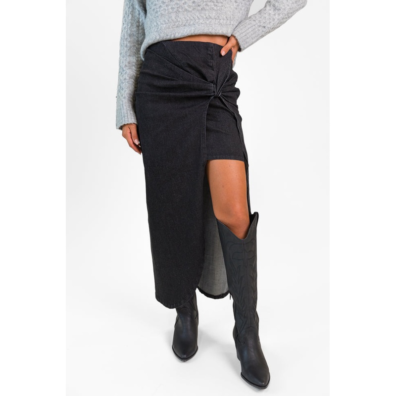 Unexpected Turn Black Denim Twist Front Midi Skirt FINAL SALE