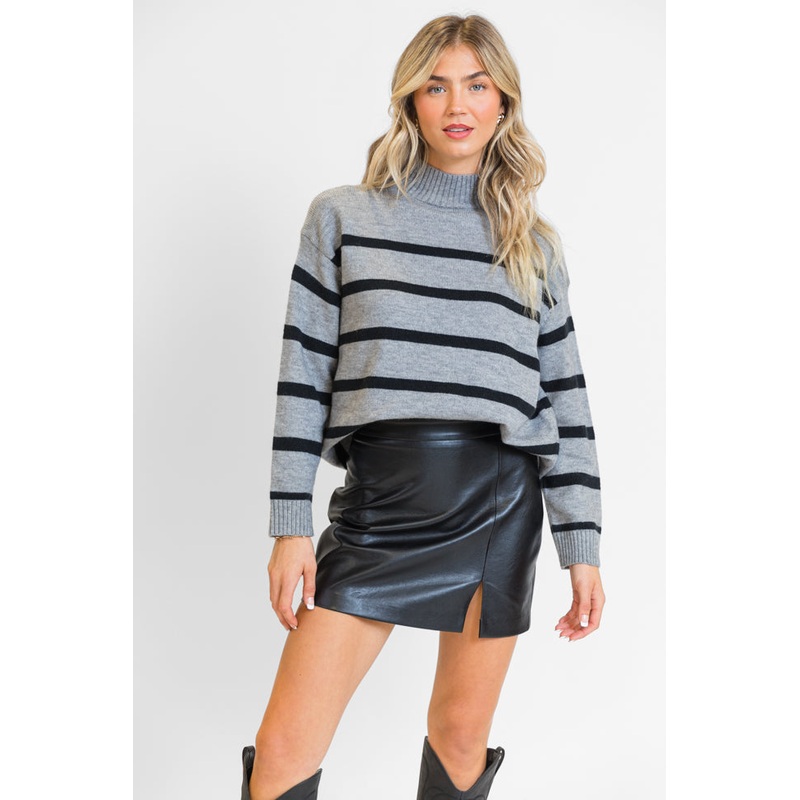 Where I’m Going Charcoal Oversized Stripe Turtleneck Sweater FINAL SALE