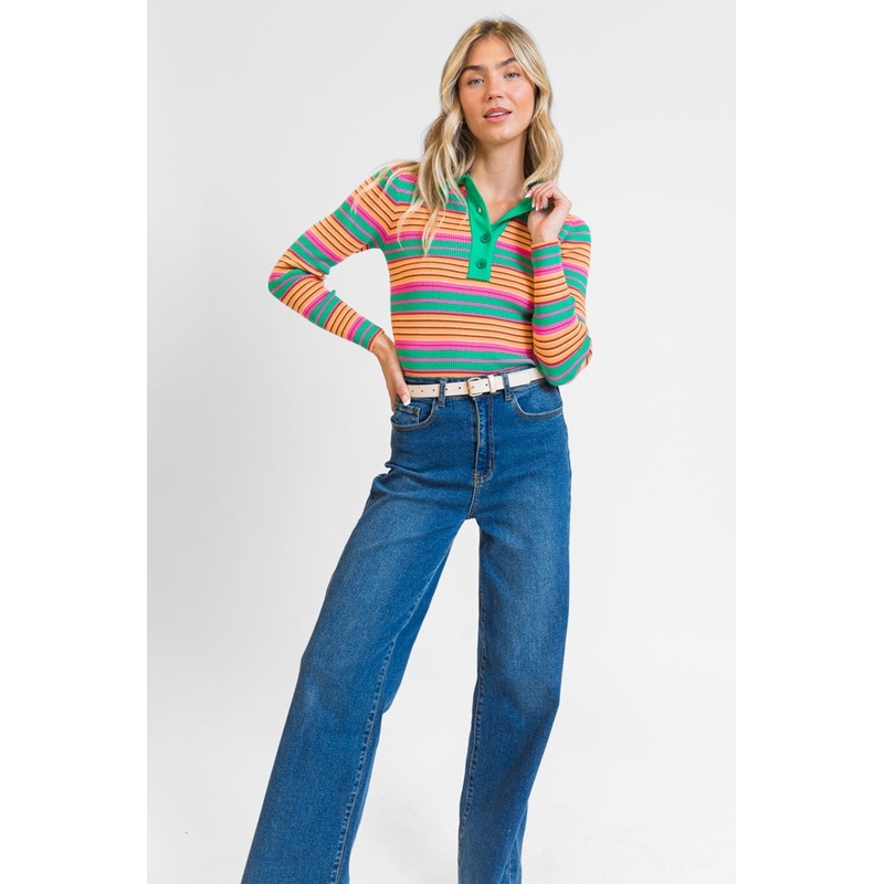 Wish I Knew Multi Striped Long Sleeve Polo Sweater FINAL SALE