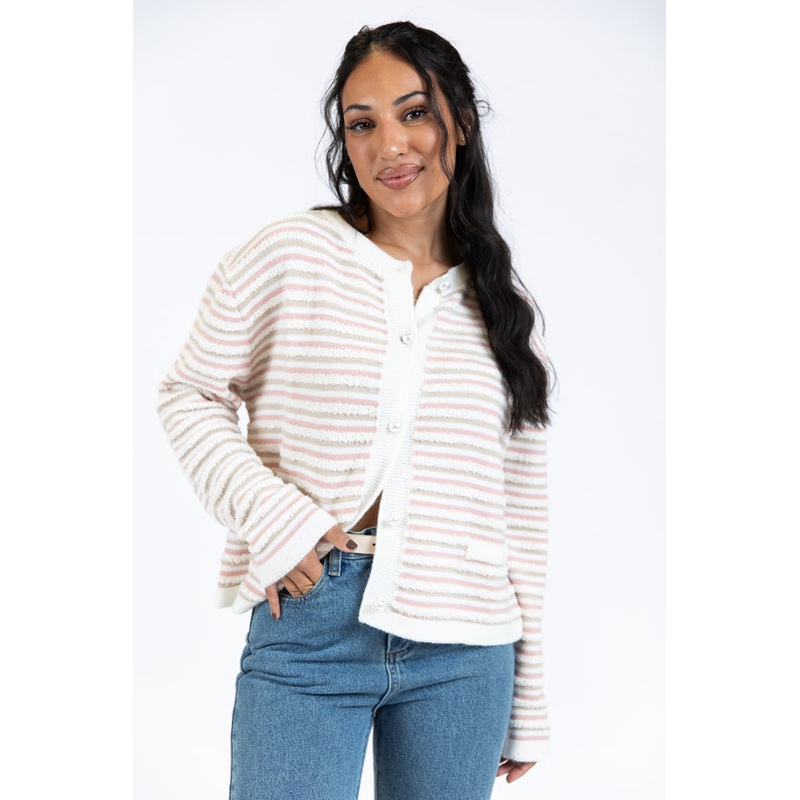 Abundant Mindset Ivory Multi Fuzzy Striped Cardigan FINAL SALE