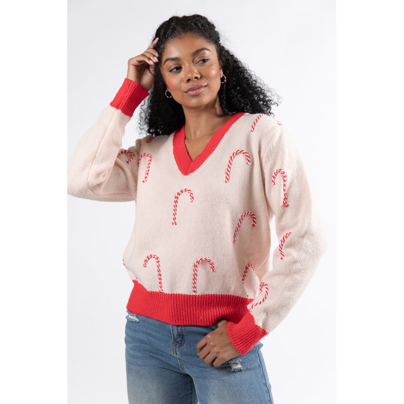 Candy Craze Pink and Red Candy Cane Patch V-Neck Sweater FINAL SALE