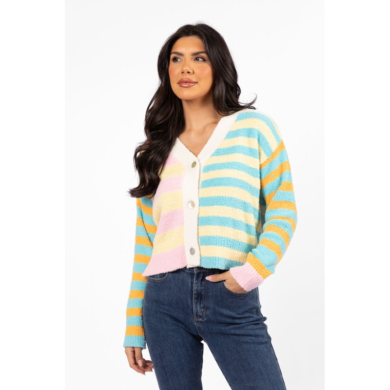 Check It Out Yellow, Blue, and Pink Fuzzy Cardigan