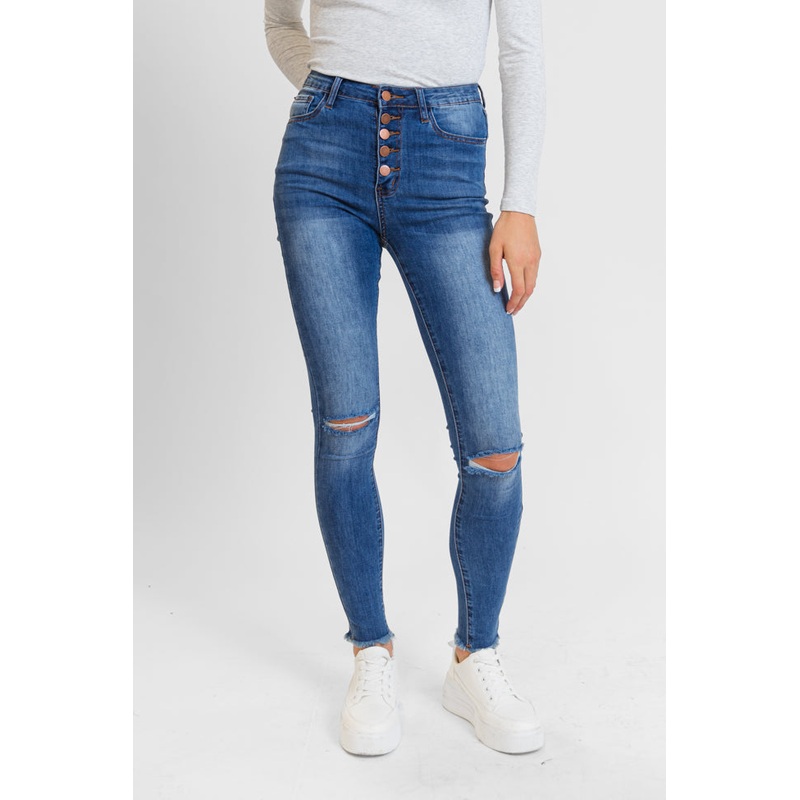 Chelsie Medium Wash Busted Knee Tall Skinny Jeans FINAL SALE