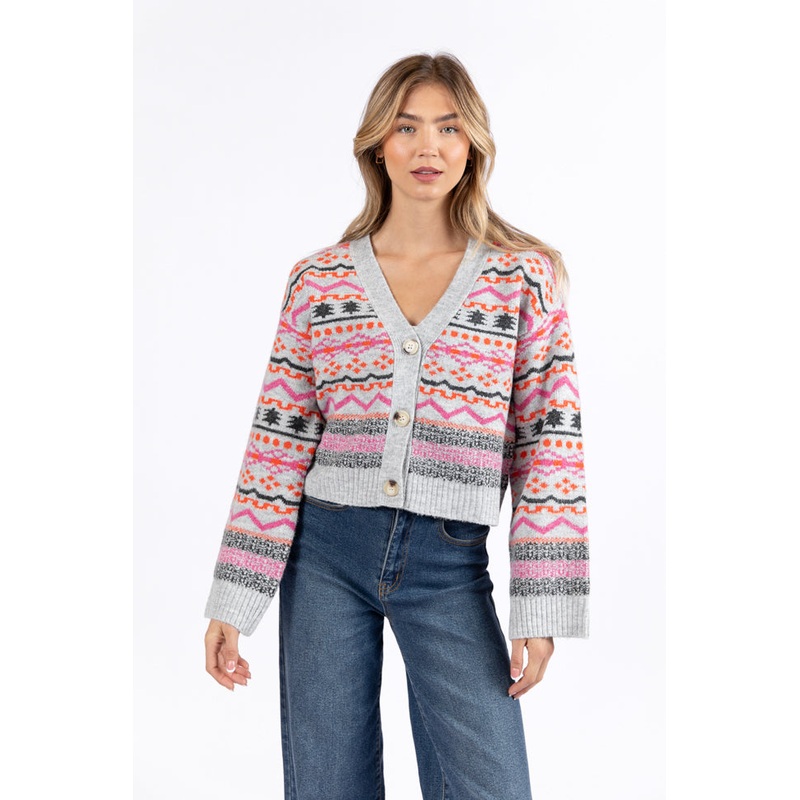 Fair And Square Grey And Pink Fair Isle Cardigan FINAL SALE