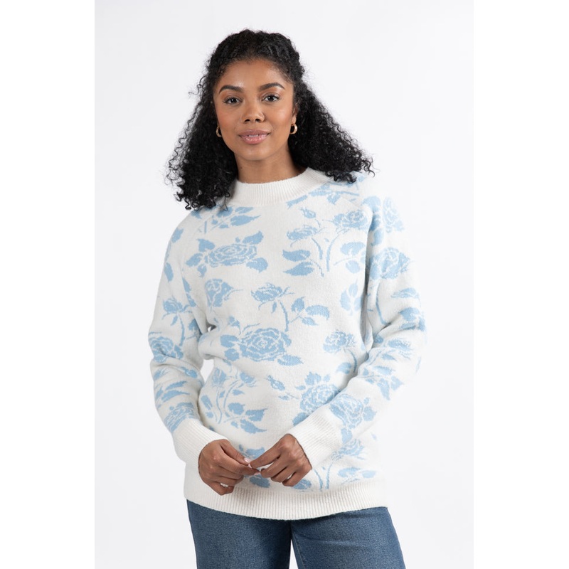 Feeling Like Love Ivory and Blue Floral Crew Neck Sweater FINAL SALE