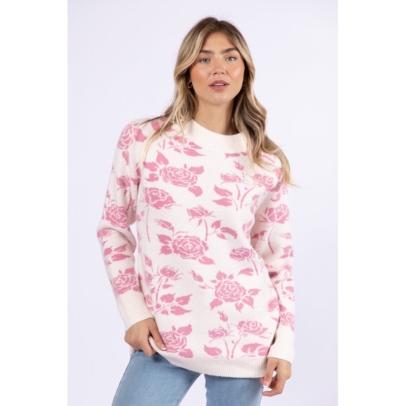 Feeling Like Love Ivory and Pink Floral Crew Neck Sweater FINAL SALE