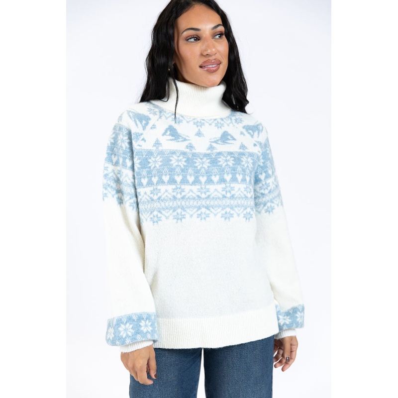 For The Best Ivory and Blue Ski Print Fair Isle Turtleneck Sweater FINAL SALE