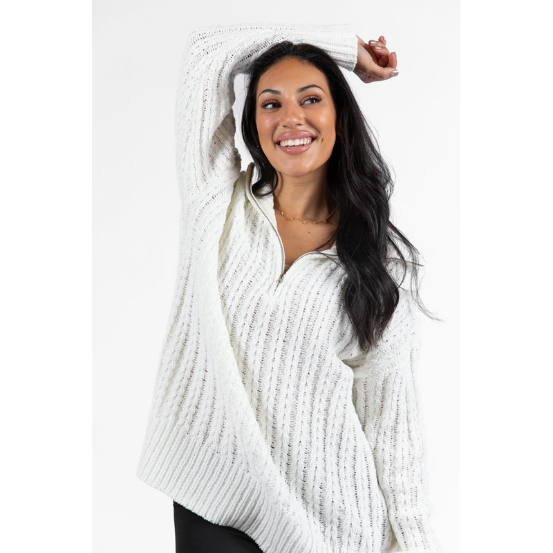 Forever Yours White Cable Knit Chenille Quarter Zip Sweater FINAL SALE