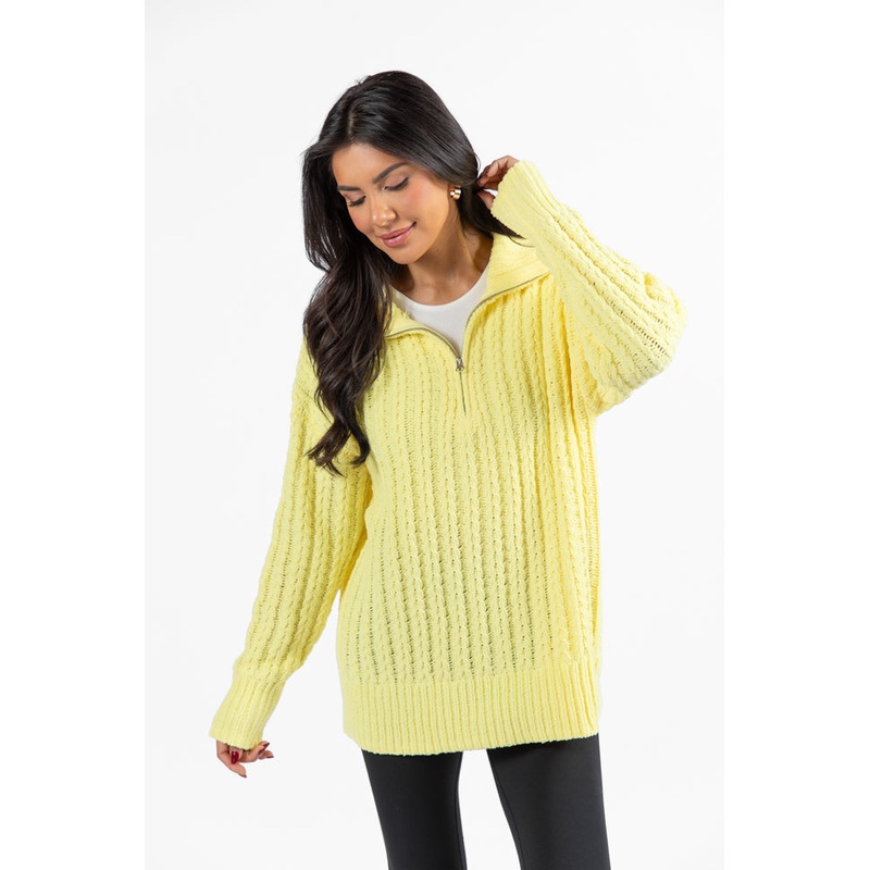 Forever Yours Yellow Cable Knit Chenille Quarter Zip Sweater FINAL SALE