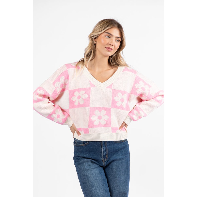 Found A New Way Pink V-Neck Checkered Flower Sweater FINAL SALE