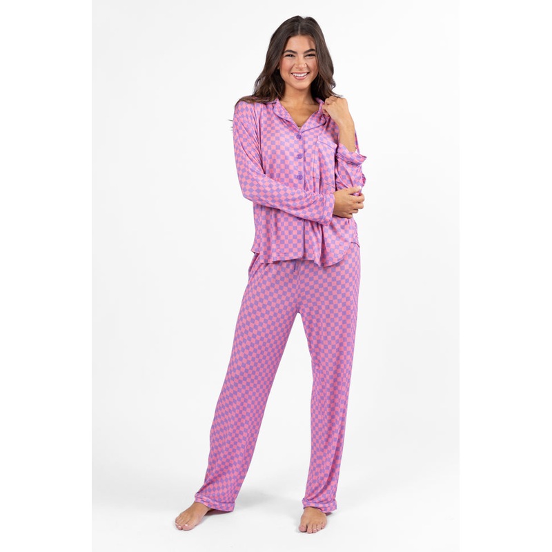 Good To Get Away Light Pink and Lilac Checkered Long Sleeve Pajama Top FINAL SALE