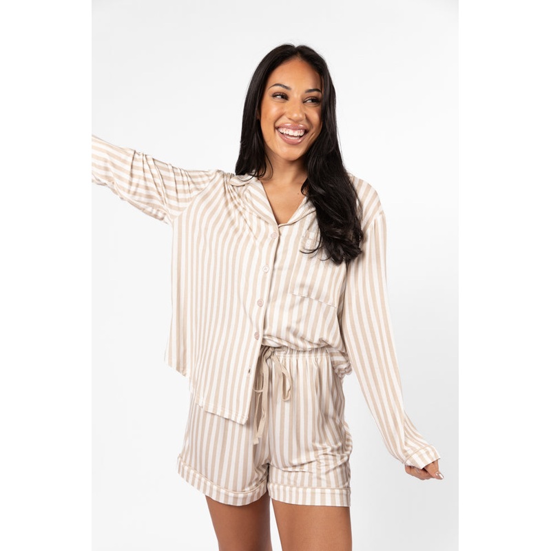 Good To Get Away Neutral Stripe Long Sleeve Pajama Top FINAL SALE