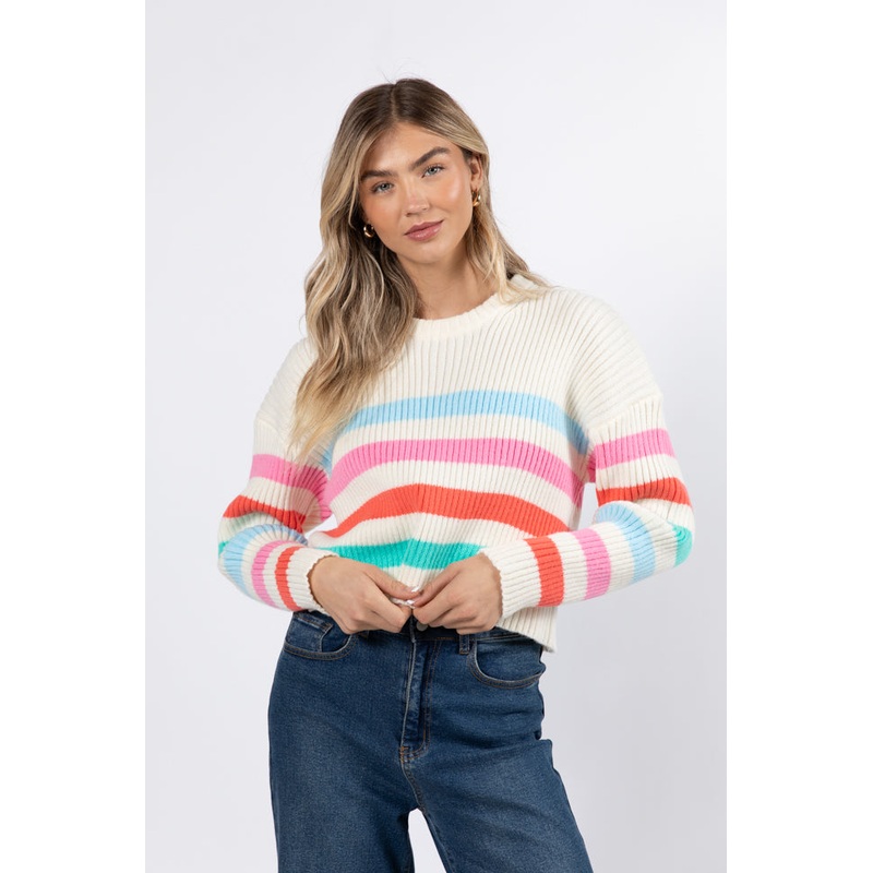 I’m Just Thinking Multi Color Stripe Hem Crew Neck Sweater FINAL SALE
