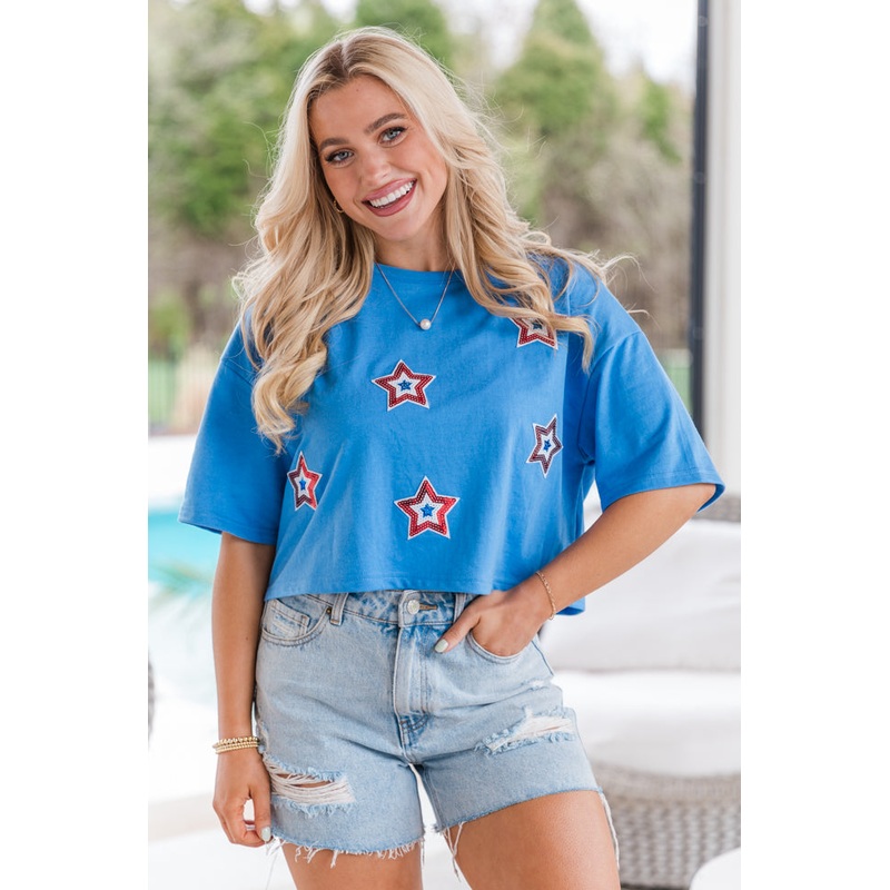 Land Of Possibility Blue Sequin Patch Embellished T-Shirt