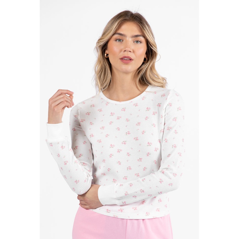 Lazy Floral Ivory and Pink Floral Print Waffle Layering Top FINAL SALE