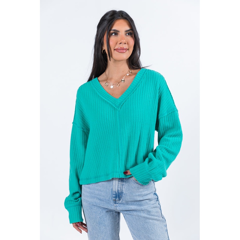 Living Right Seafoam Ribbed V-Neck Knit Top FINAL SALE