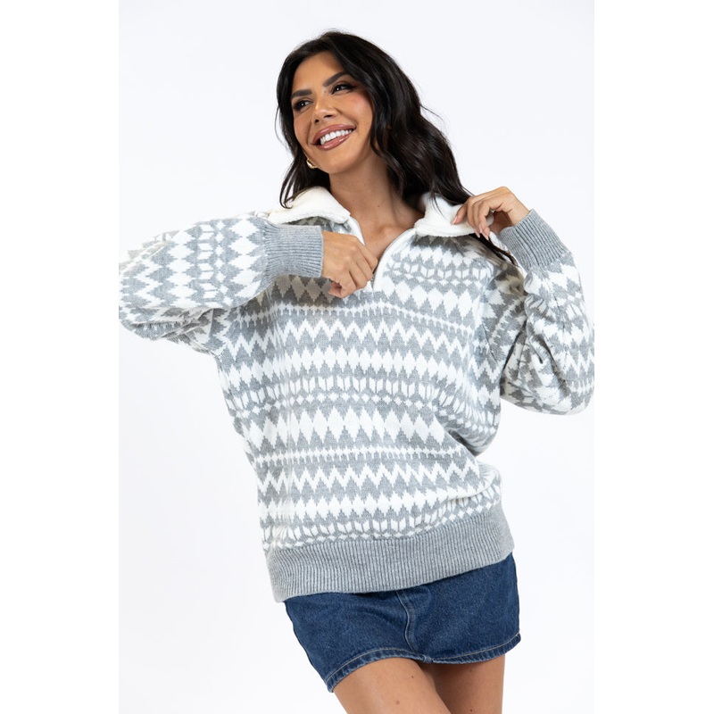 Made For Me Grey Fleece Collar Fair Isle Quarter Zip Sweater  FINAL SALE