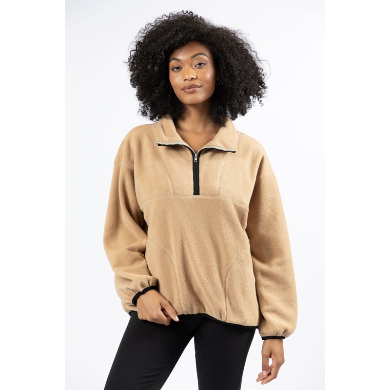 Outside The Box Beige Contrast Trim Fleece Pullover