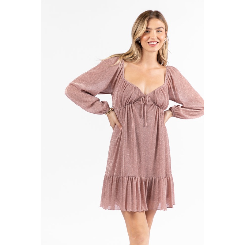 Presence Of Love Pink Shimmer Long Sleeve Sweetheart Dress FINAL SALE