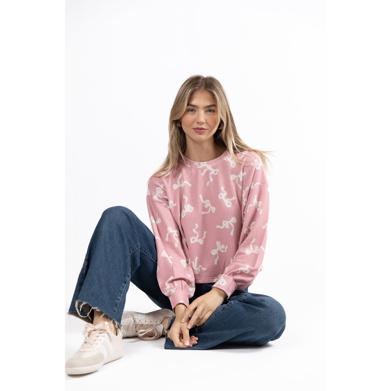 Secret Gardens Pink Bow Ribbed Printed Top  FINAL SALE