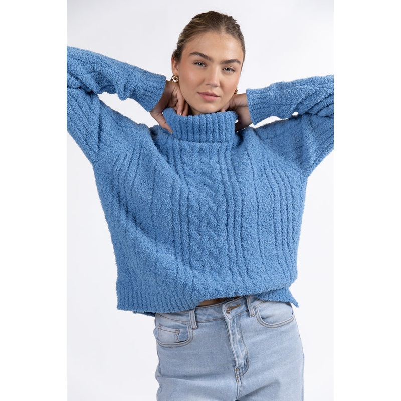 Snow Place Like Home Blue Fuzzy Cable Knit Turtleneck Sweater FINAL SALE