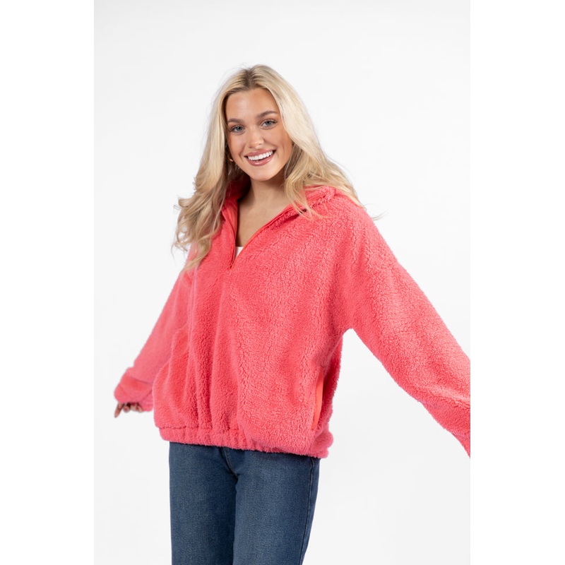Stay Here Coral Sherpa Pullover