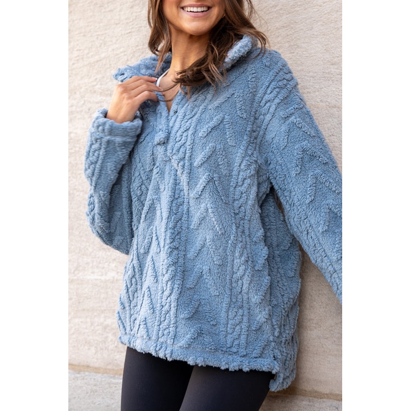 Take The Leap Blue Cable Detail Sherpa Pullover FINAL SALE