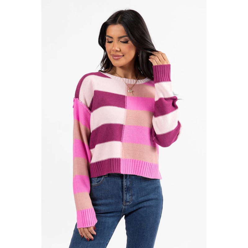 Take Your Time Pink and Berry Multi Color Block Striped Crop Sweater FINAL SALE