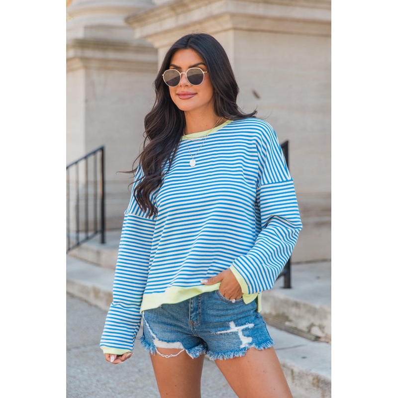 Think On It Blue Striped Contrast Trim Pullover FINAL SALE