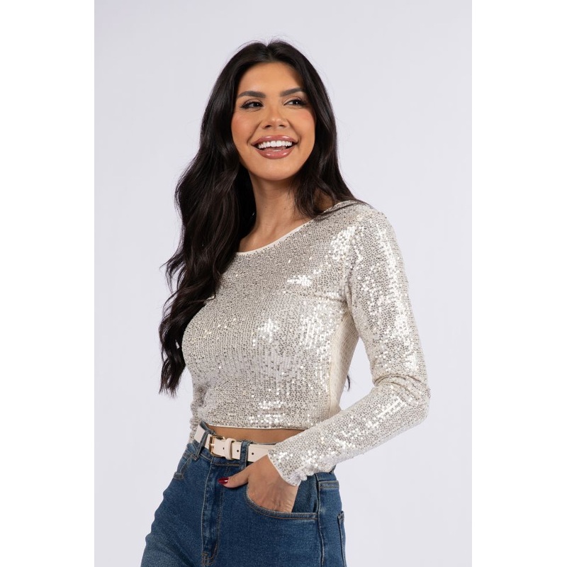 Tidings To You Champagne Smocked Back Sequin Top  FINAL SALE