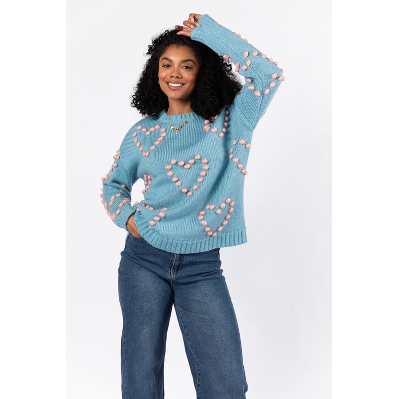 Adore You Blue and Pink Oversized Heart Pom Sweater FINAL SALE