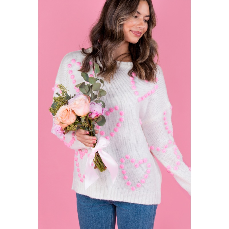 Adore You Ivory and Pink Oversized Heart Pom Sweater FINAL SALE