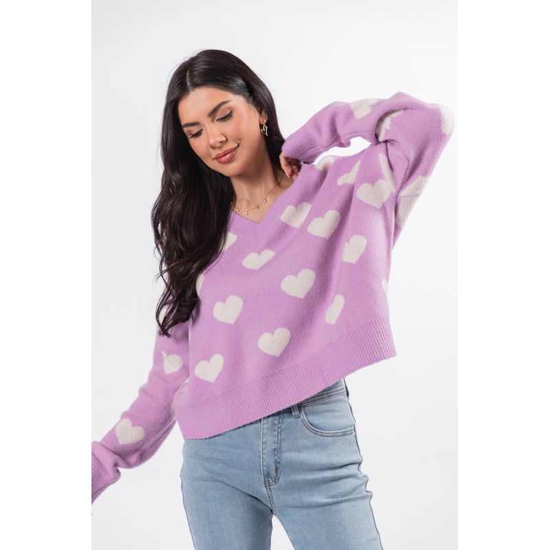 By The Book Lilac Hearts V-Neck Sweater FINAL SALE