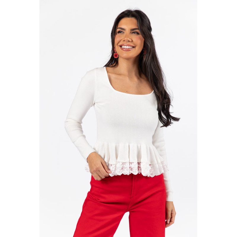 Choose Me Ivory Lace Trim Square Neck Sweater FINAL SALE