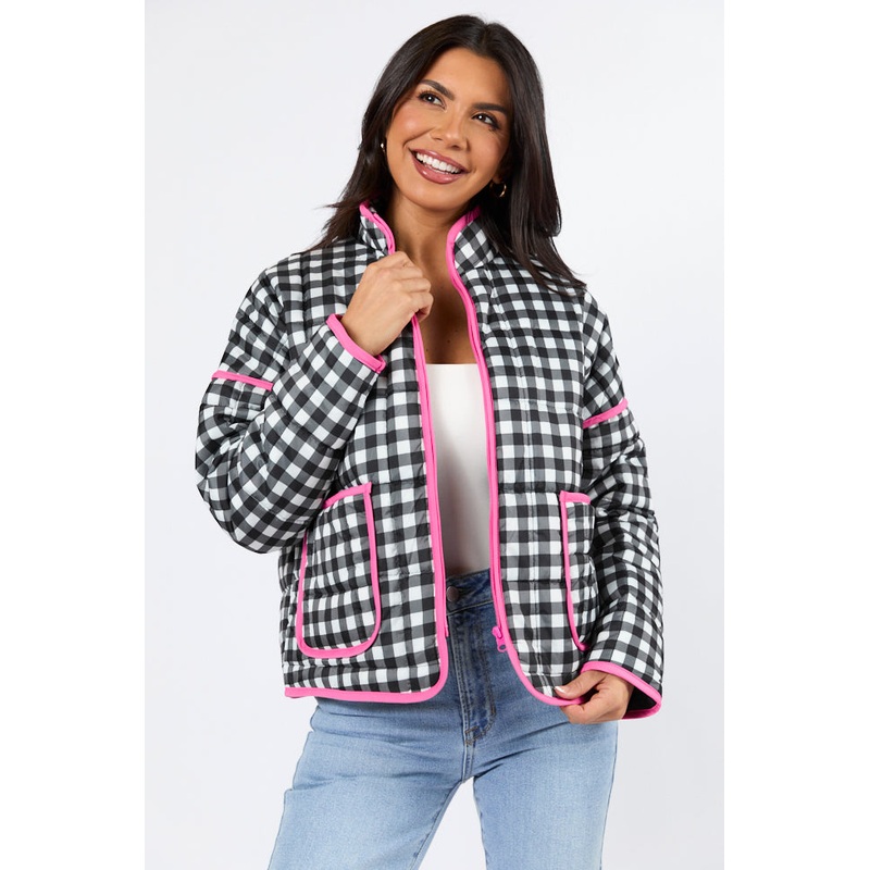 Going For It Black Gingham Printed Zip Up Jacket FINAL SALE