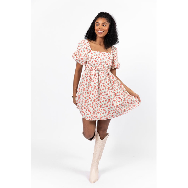 I’m Just A Girl Ivory and Red Rosette Printed Mini Dress FINAL SALE