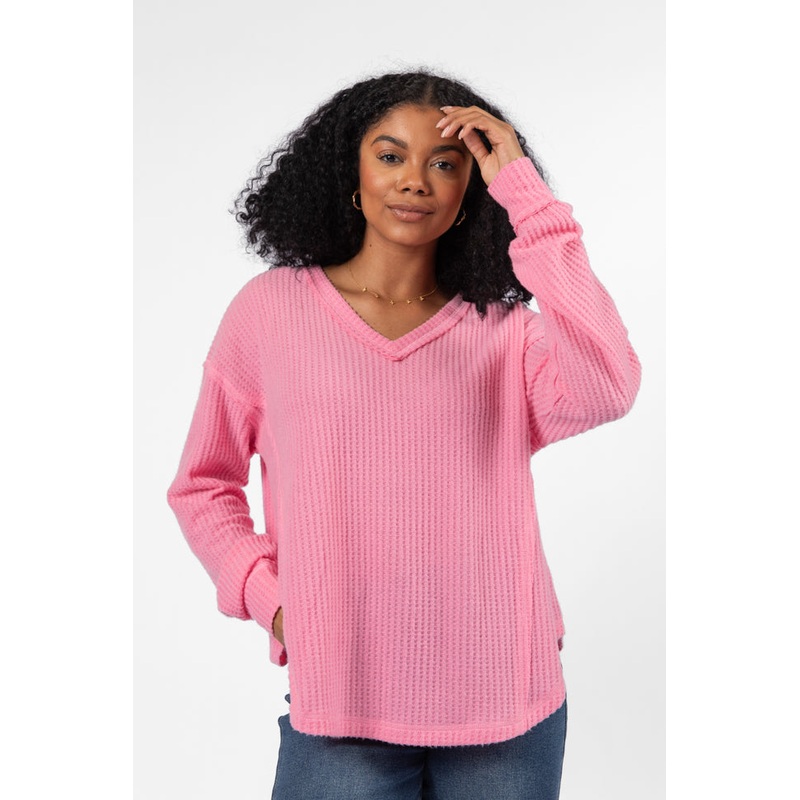 Idle Hands Pink Waffle Knit V-Neck Oversized Knit Top FINAL SALE