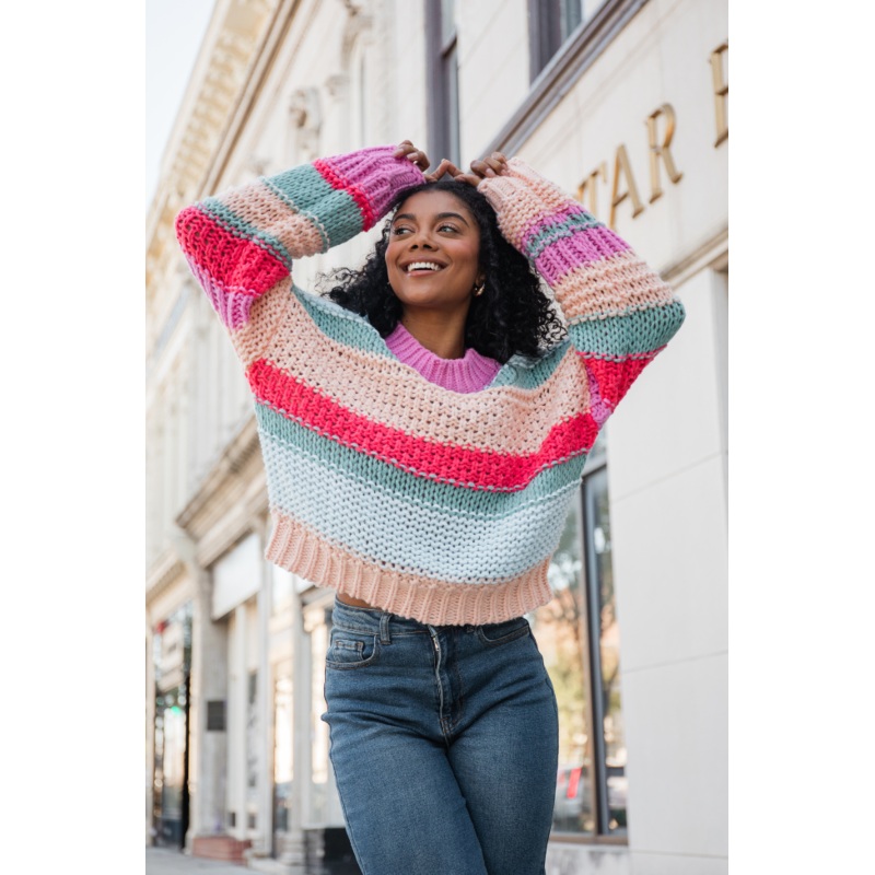 In Line Peach Multi Chunky Striped Sweater