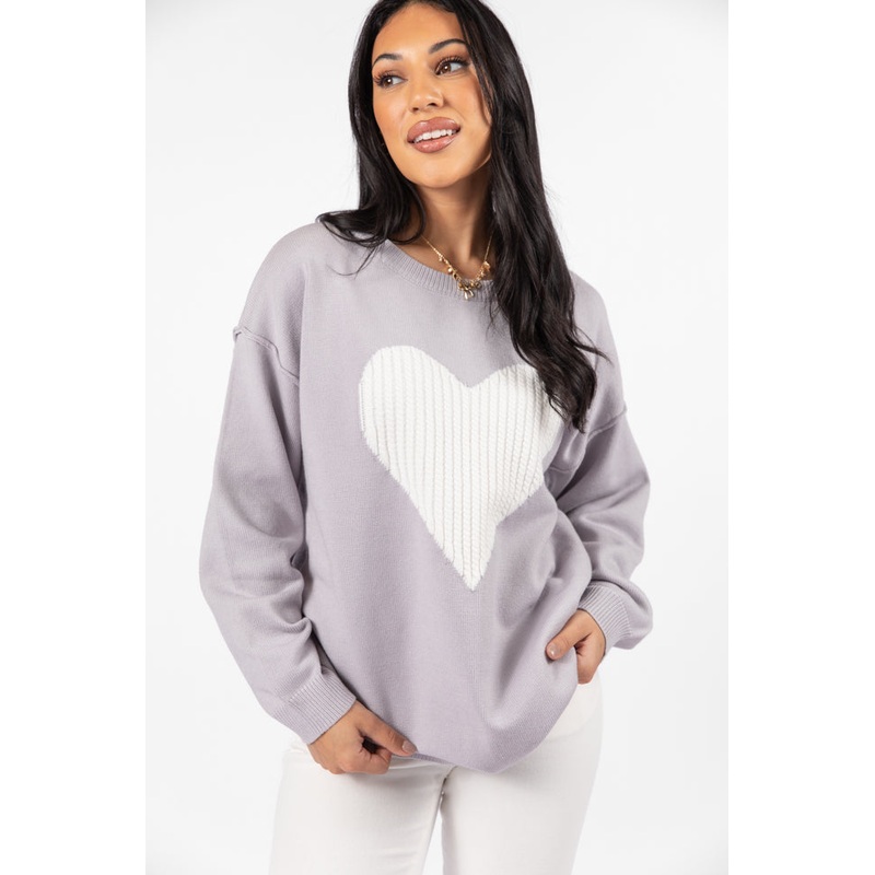 In My Heart Grey and Ivory Cable Knit Heart Sweater FINAL SALE