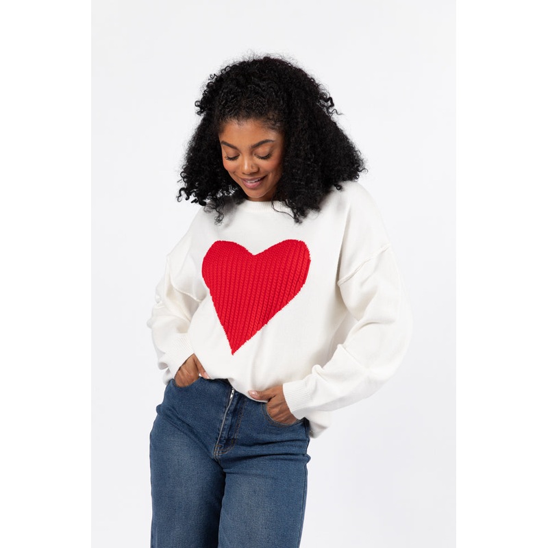 In My Heart Ivory and Red Cable Knit Heart Sweater FINAL SALE
